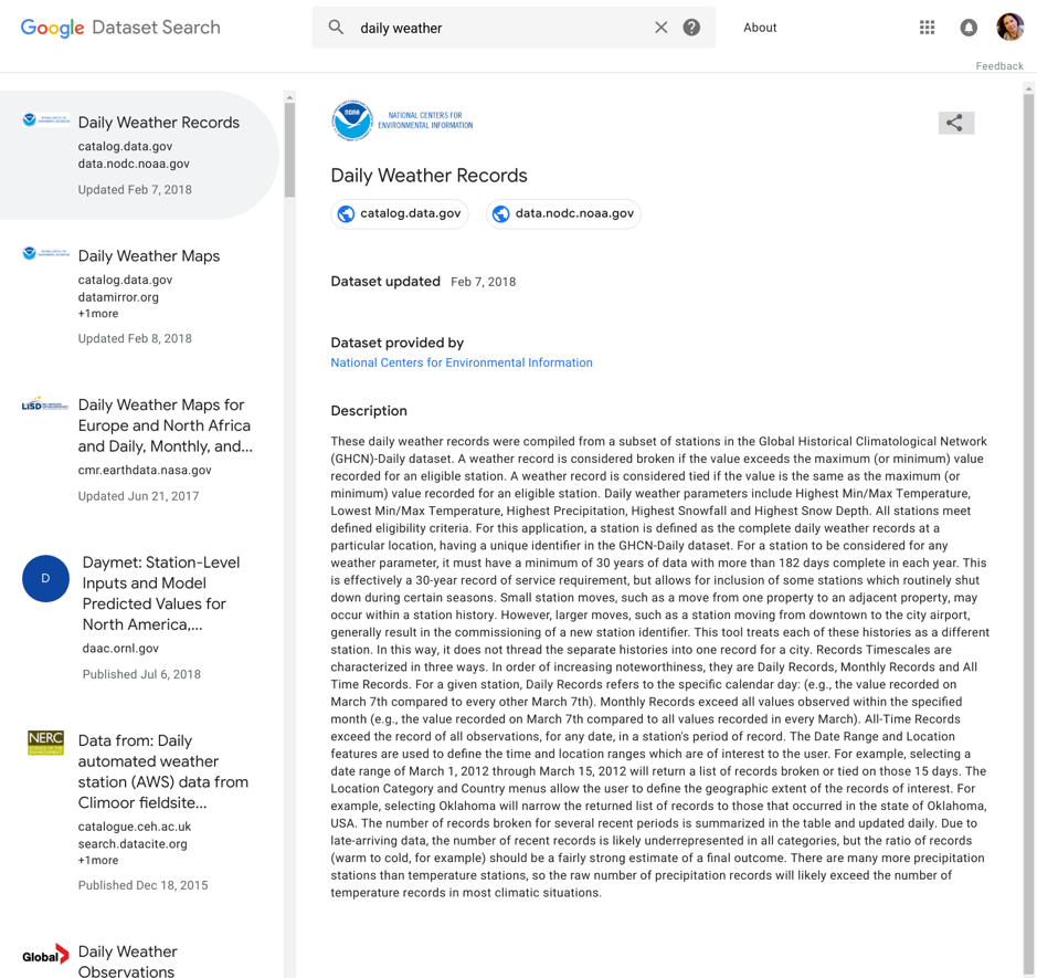 An example search for weather records in Google Dataset Search. Credit: Google